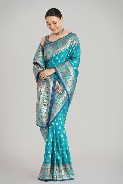 Monjolika Fashion Turquoise Blue Color Weaving Banarasi Silktraditional Saree