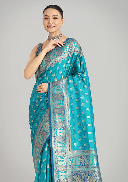 Monjolika Fashion Turquoise Blue Color Weaving Banarasi Silktraditional Saree