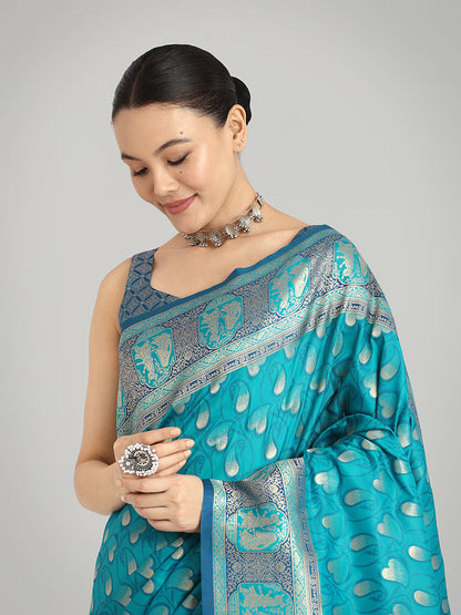 Monjolika Fashion Turquoise Blue Color Weaving Banarasi Silktraditional Saree