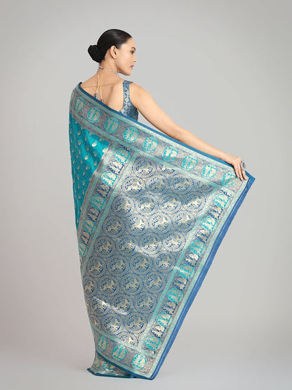 Monjolika Fashion Turquoise Blue Color Weaving Banarasi Silktraditional Saree