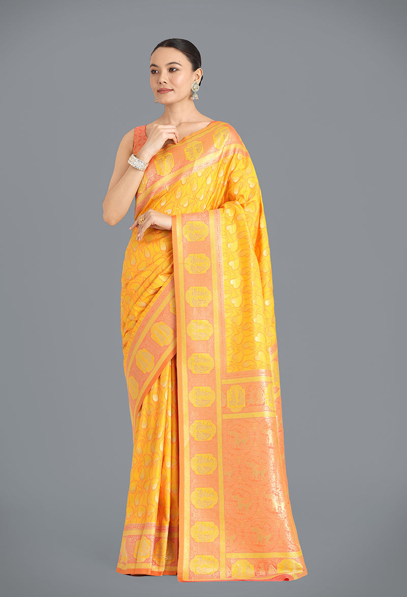 Monjolika Fashion Yellow Color Weaving Banarasi Silktraditional Saree