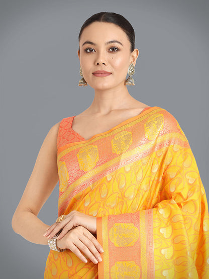 Monjolika Fashion Yellow Color Weaving Banarasi Silktraditional Saree