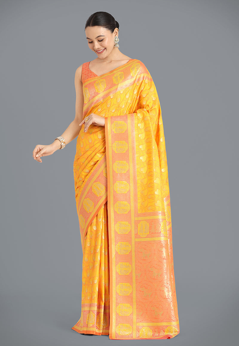 Monjolika Fashion Yellow Color Weaving Banarasi Silktraditional Saree