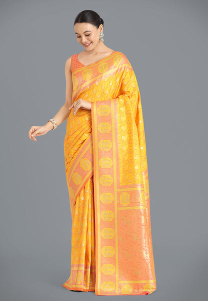 Monjolika Fashion Yellow Color Weaving Banarasi Silktraditional Saree