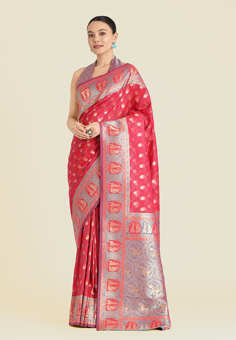 Monjolika Fashion Pink Color Weaving Banarasi Silktraditional Saree