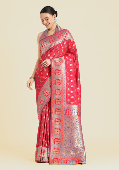 Monjolika Fashion Pink Color Weaving Banarasi Silktraditional Saree