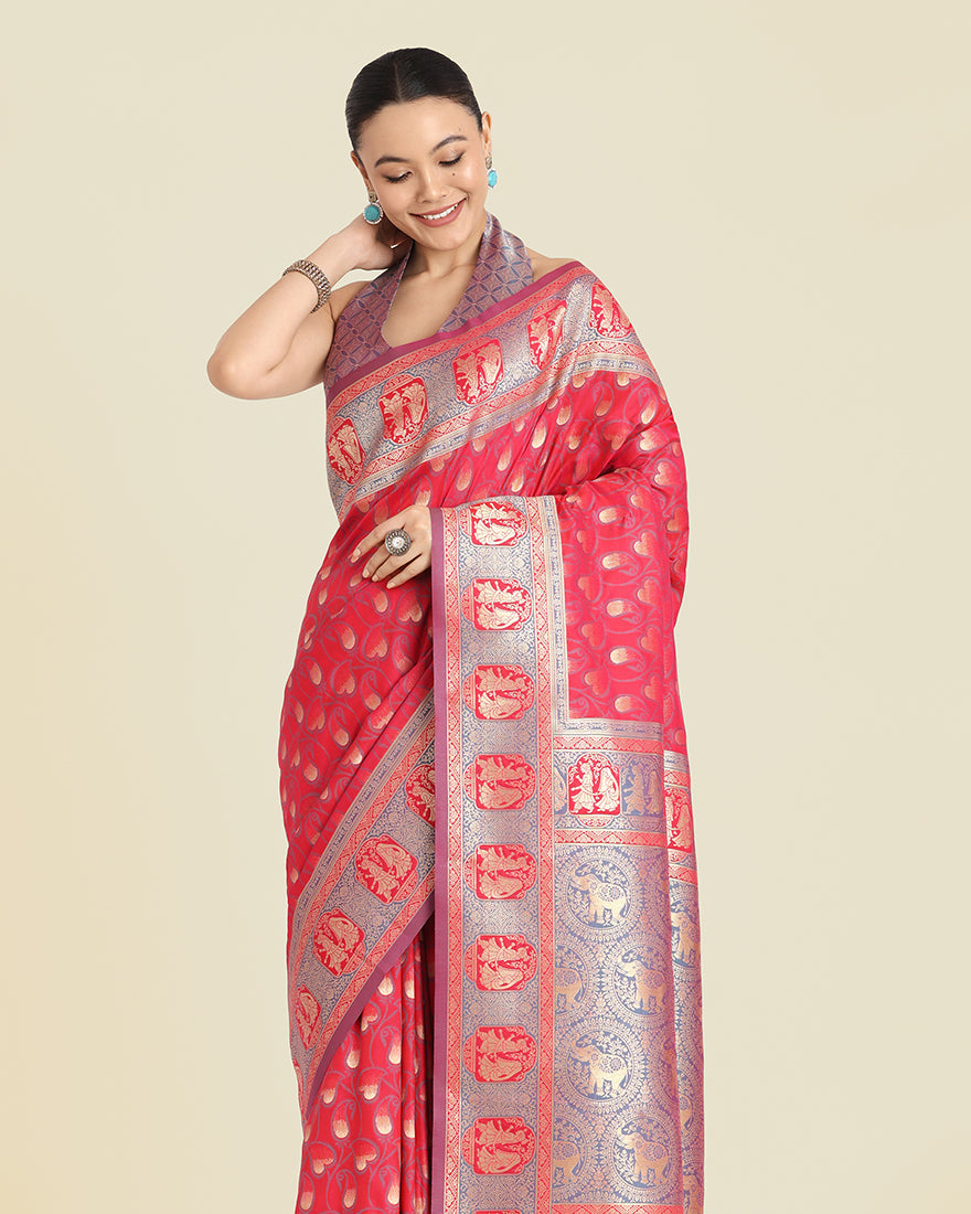 Monjolika Fashion Pink Color Weaving Banarasi Silktraditional Saree