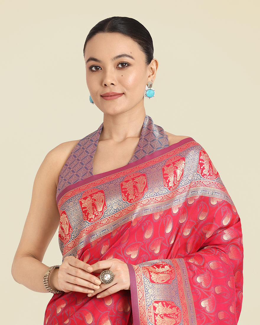 Monjolika Fashion Pink Color Weaving Banarasi Silktraditional Saree