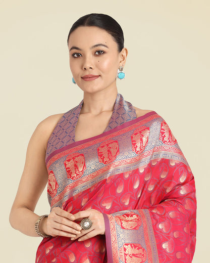 Monjolika Fashion Pink Color Weaving Banarasi Silktraditional Saree