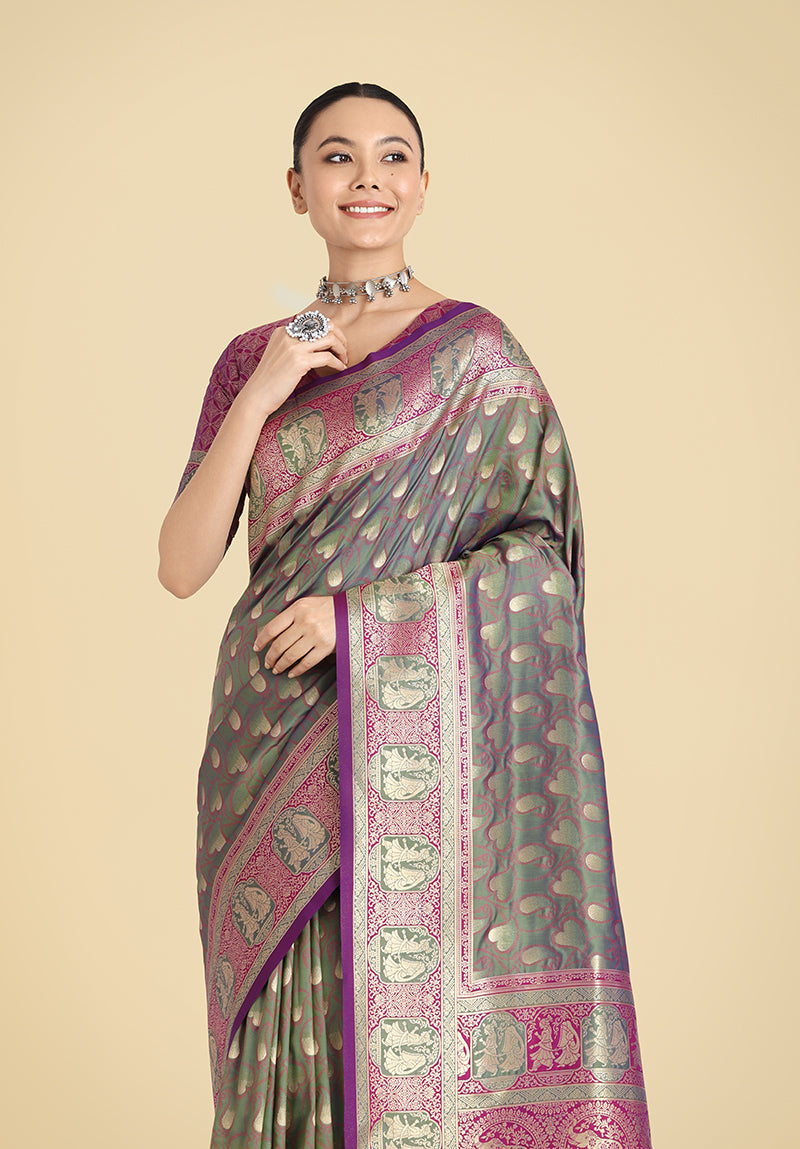 Monjolika Fashion Olive Green Color Weaving Banarasi Silktraditional Saree