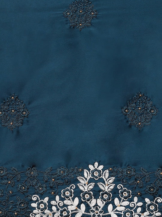 Anouk Blue Floral Embroidered Satin Saree