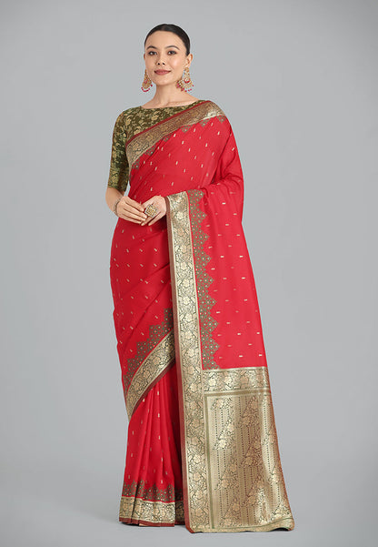 Monjolika Fashion Banarasi Silk Red Color Weaving Designer Saree