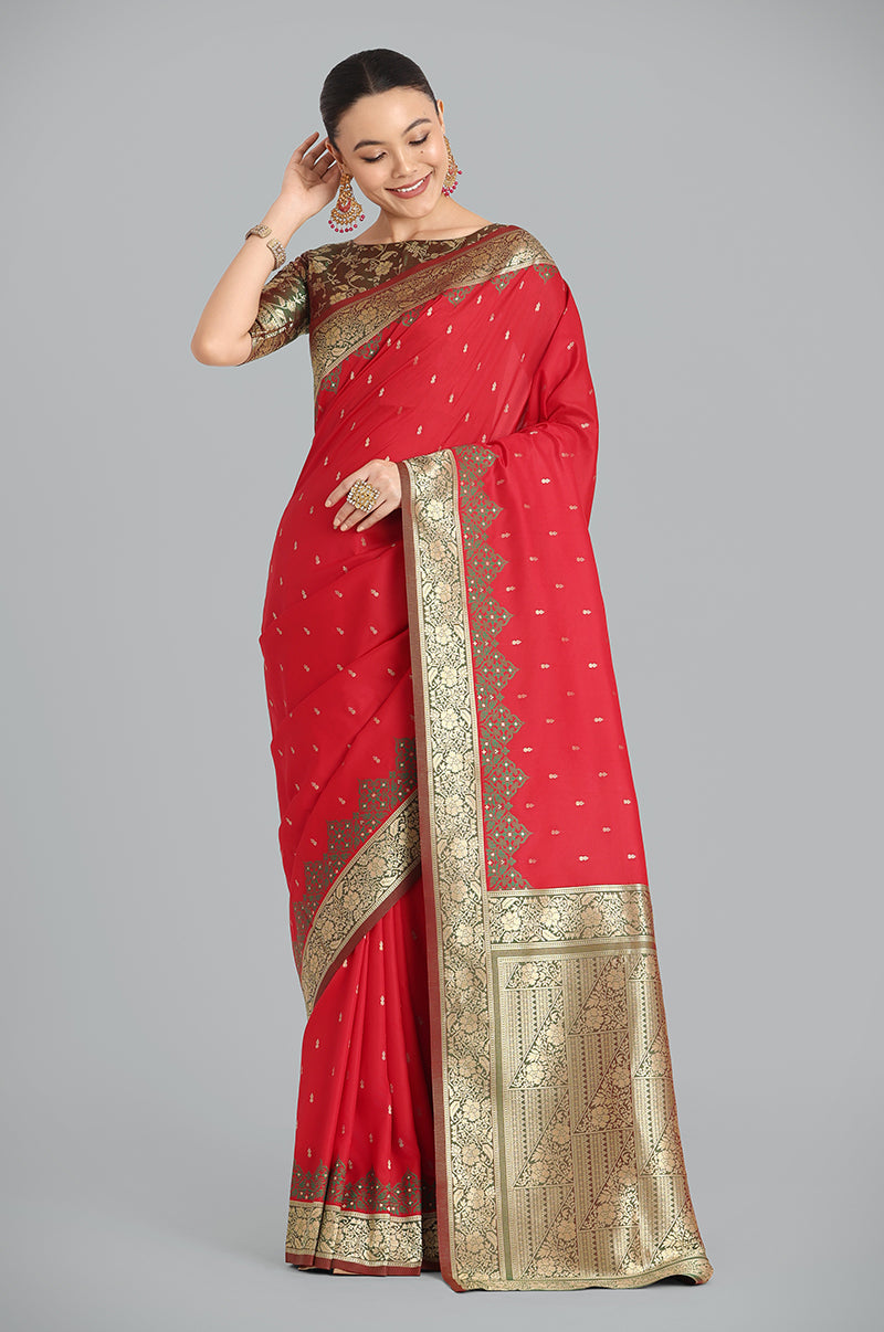 Monjolika Fashion Banarasi Silk Red Color Weaving Designer Saree