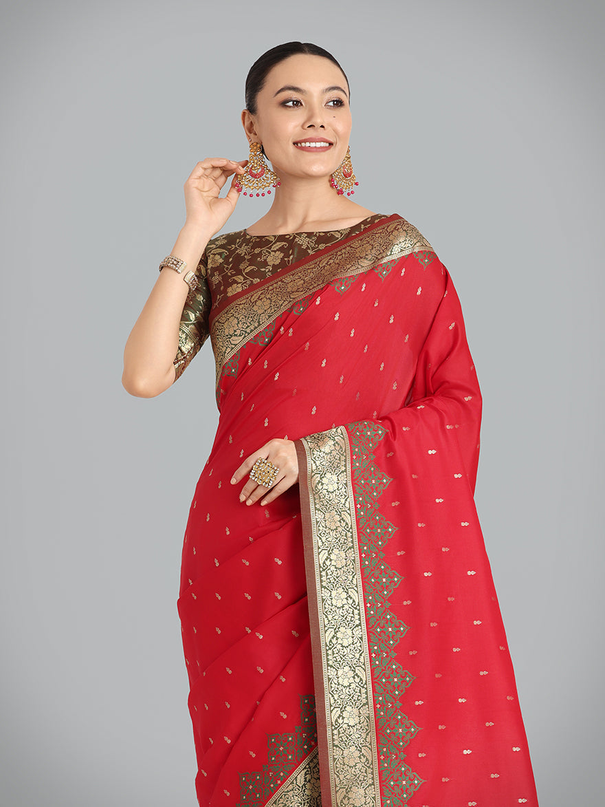 Monjolika Fashion Banarasi Silk Red Color Weaving Designer Saree