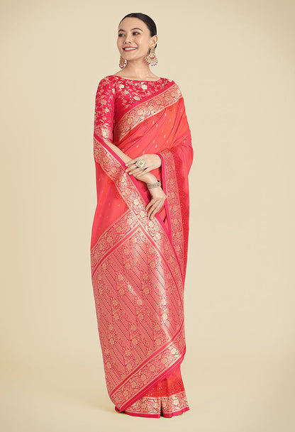 Monjolika Fashion Banarasi Silk Coral Pink Color Weaving Designer Saree