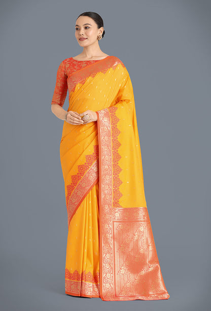 Monjolika Fashion Banarasi Silk Yellow Color Weaving Designer Saree