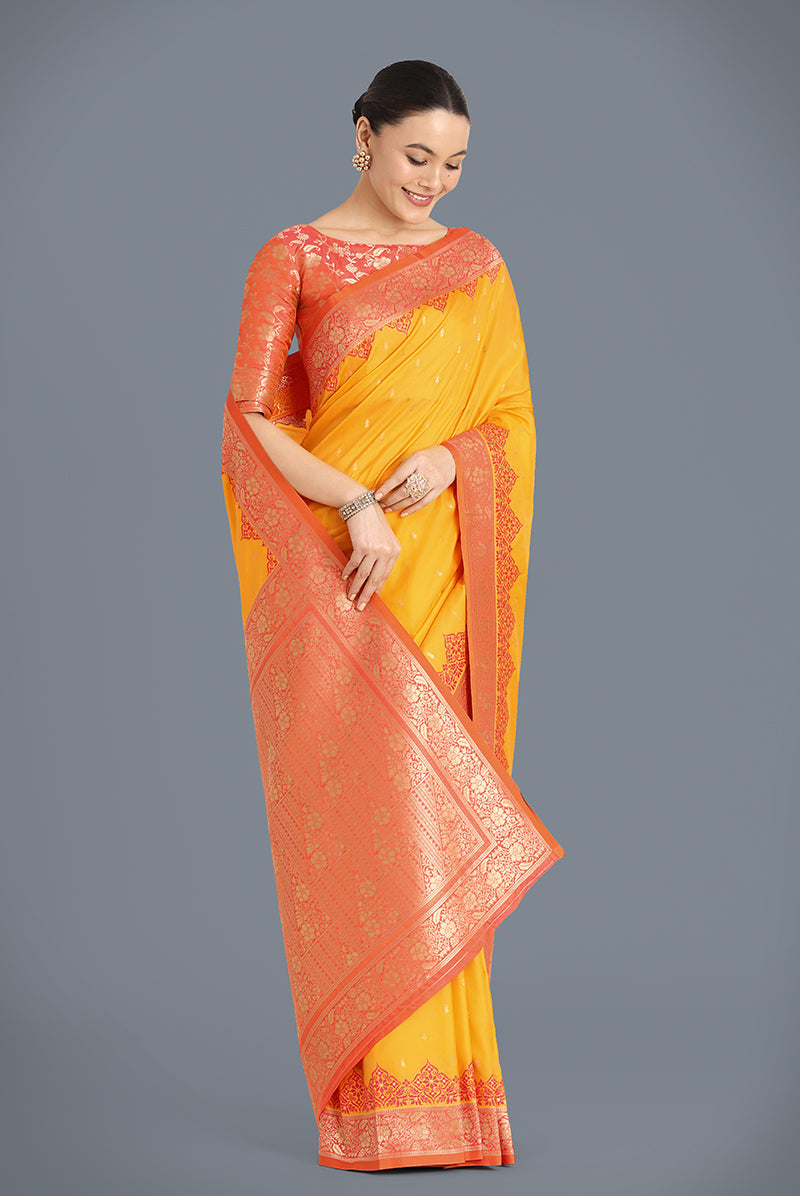 Monjolika Fashion Banarasi Silk Yellow Color Weaving Designer Saree