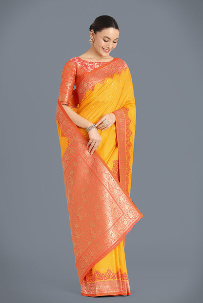 Monjolika Fashion Banarasi Silk Yellow Color Weaving Designer Saree