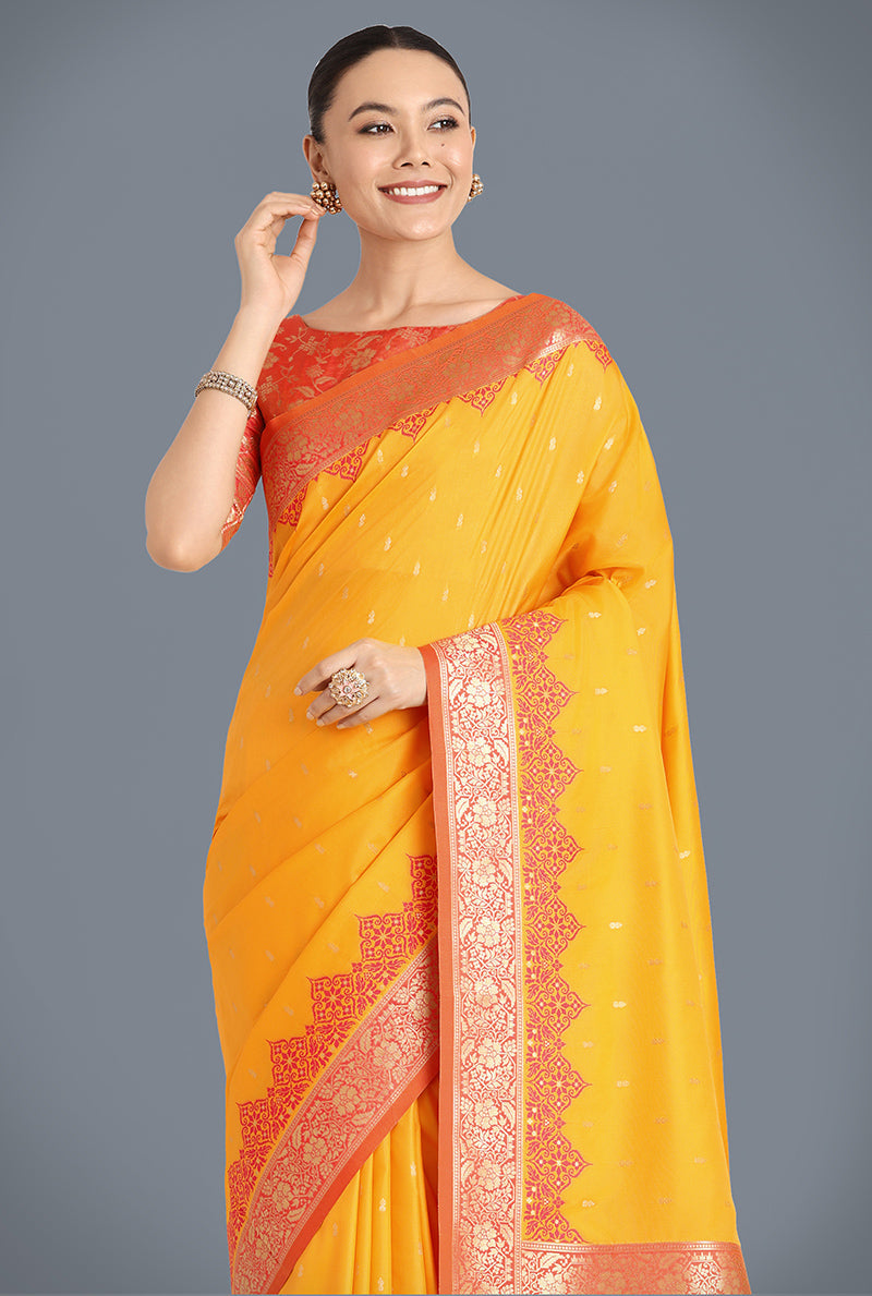 Monjolika Fashion Banarasi Silk Yellow Color Weaving Designer Saree