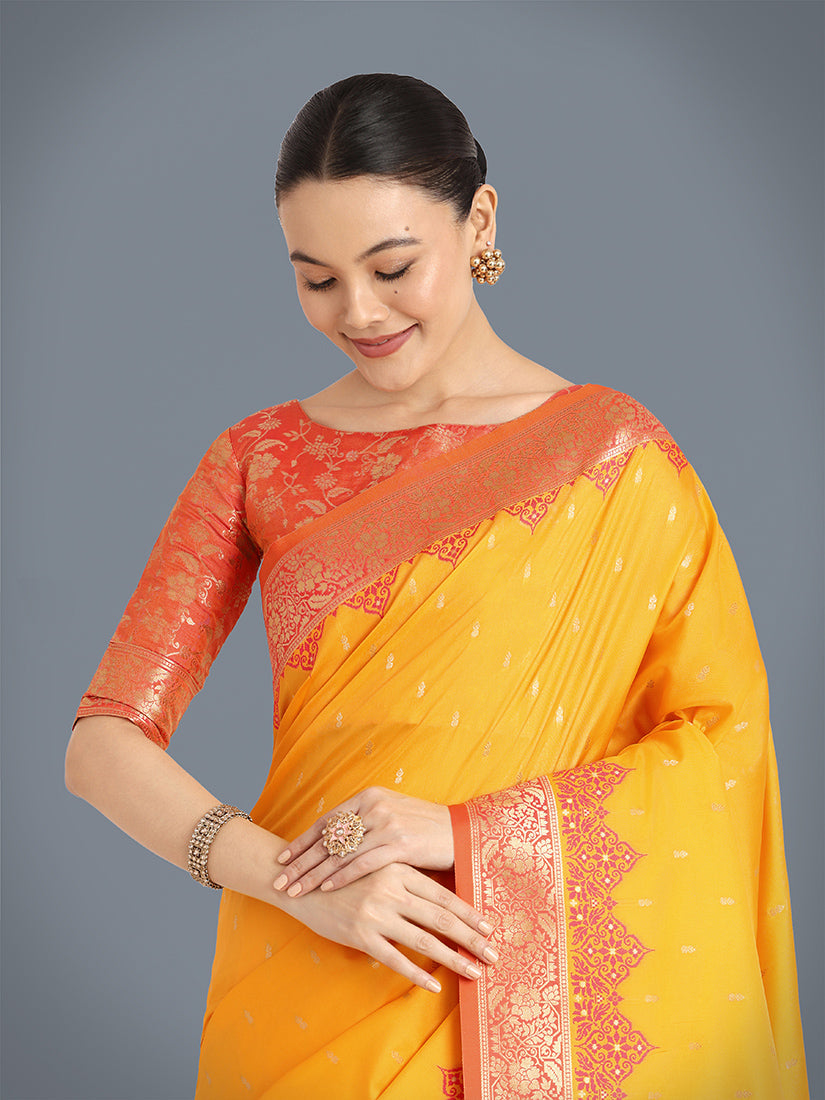 Monjolika Fashion Banarasi Silk Yellow Color Weaving Designer Saree