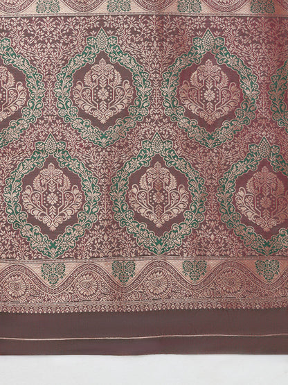 Monjolika Fashion Red Banarasi Silk Blend SareeWith Traditional & Modern Dulha Dulhan Figure Zari Woven Detailing