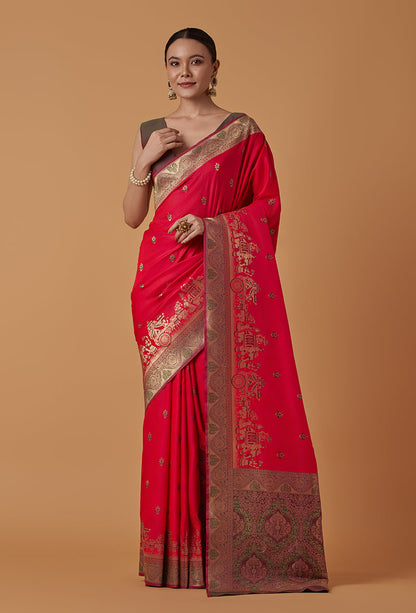 Monjolika Fashion Pink Banarasi Silk Blend SareeWith Traditional & Modern Dulha Dulhan Figure Zari Woven Detailing