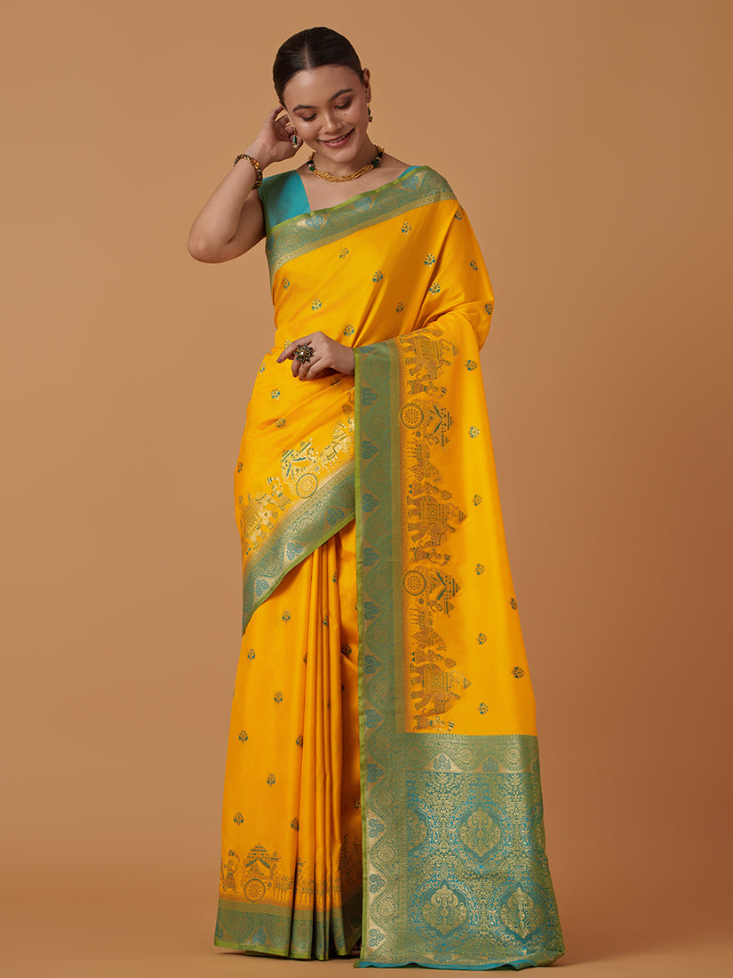 Monjolika Fashion Yellow Banarasi Silk Blend SareeWith Traditional & Modern Dulha Dulhan Figure Zari Woven Detailing