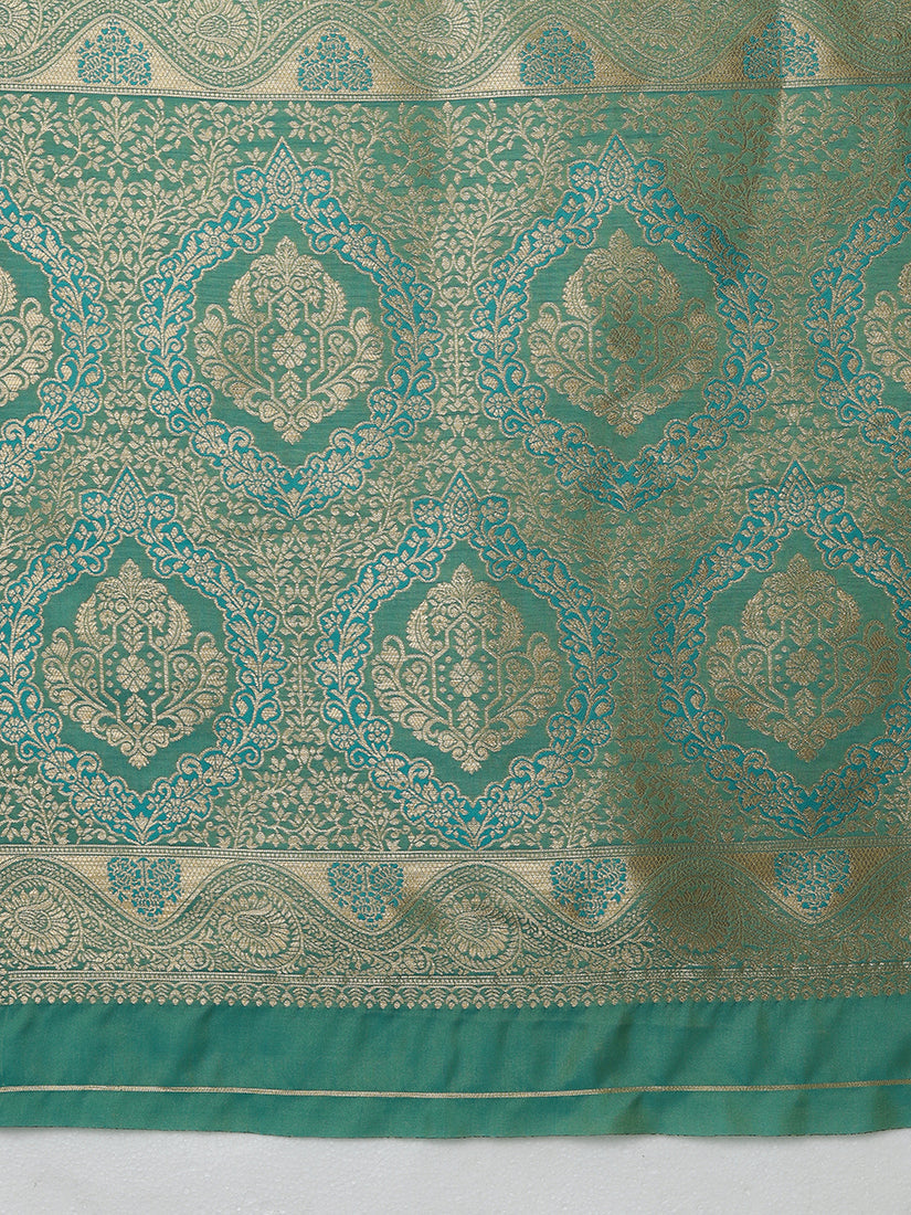 Monjolika Fashion Yellow Banarasi Silk Blend SareeWith Traditional & Modern Dulha Dulhan Figure Zari Woven Detailing