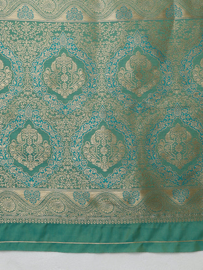 Monjolika Fashion Yellow Banarasi Silk Blend SareeWith Traditional & Modern Dulha Dulhan Figure Zari Woven Detailing