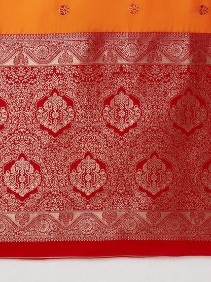Monjolika Fashion Amber Banarasi Silk Blend SareeWith Traditional & Modern Dulha Dulhan Figure Zari Woven Detailing