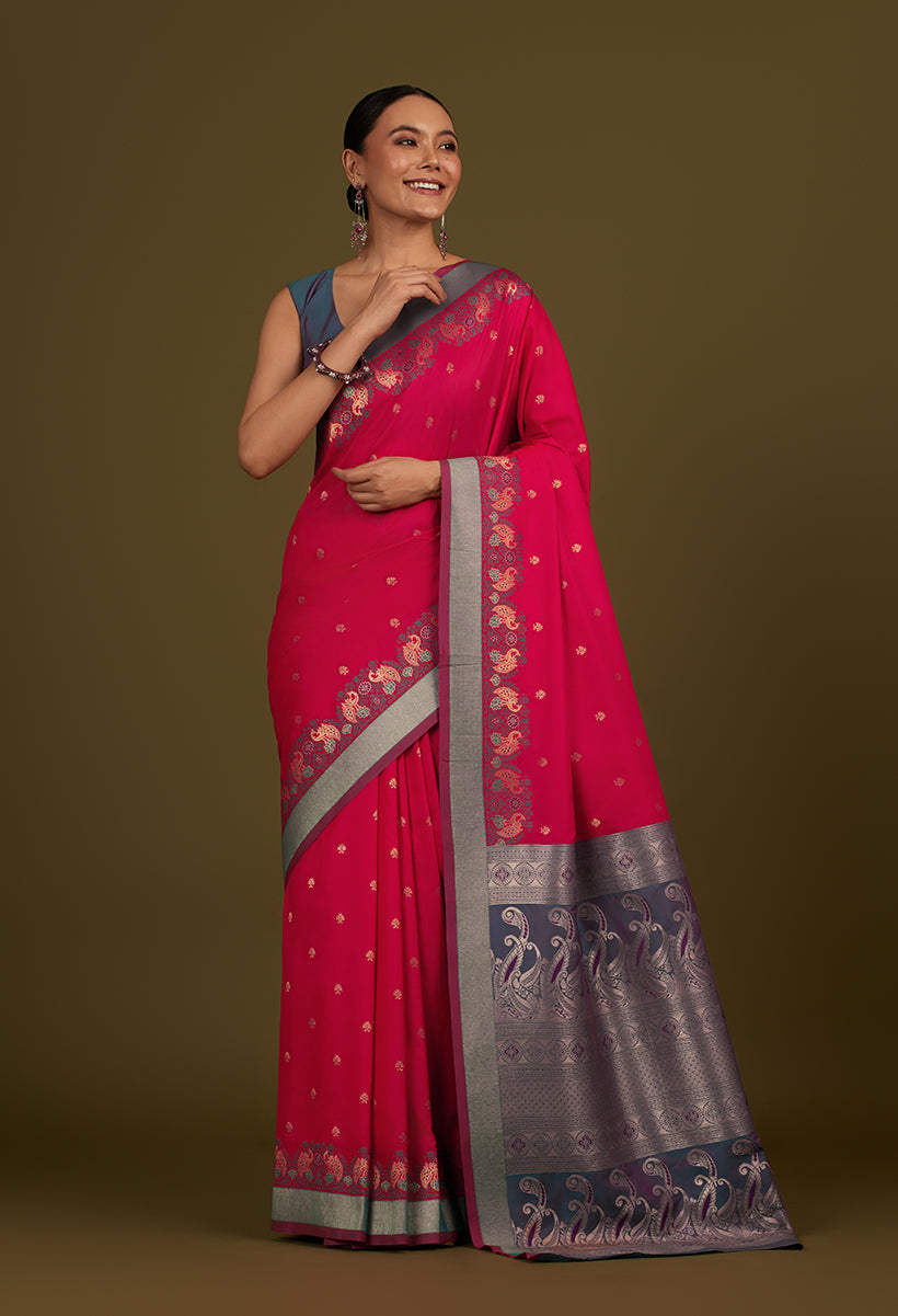 Monjolika Fashion Pink Banarasi Silk Blend SareeIn Classic Paisley & Rich Zari Pallu Comes With Unstitched Blouse