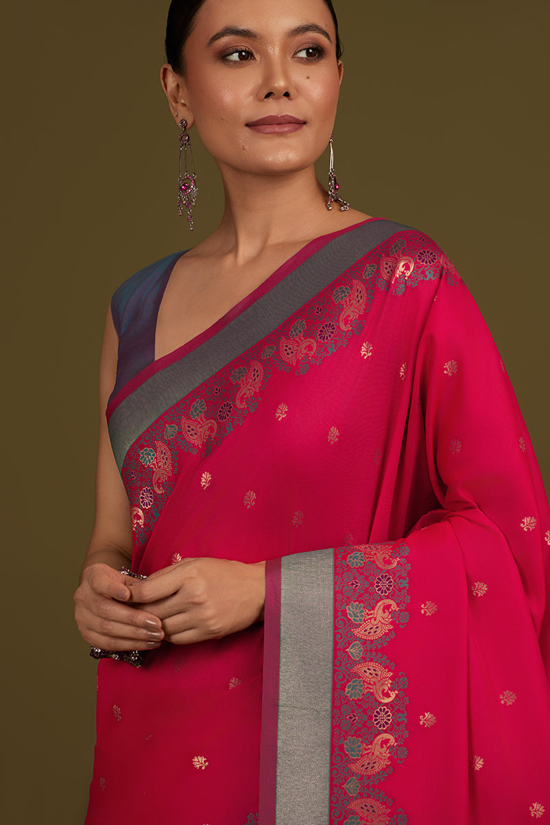 Monjolika Fashion Pink Banarasi Silk Blend SareeIn Classic Paisley & Rich Zari Pallu Comes With Unstitched Blouse