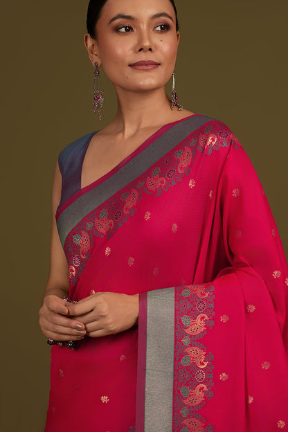 Monjolika Fashion Pink Banarasi Silk Blend SareeIn Classic Paisley & Rich Zari Pallu Comes With Unstitched Blouse