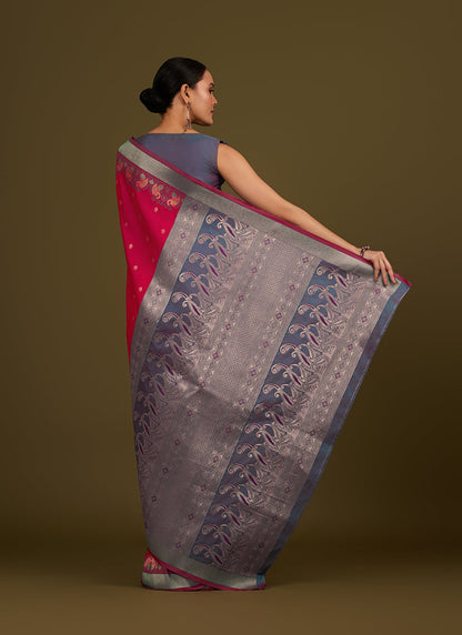 Monjolika Fashion Pink Banarasi Silk Blend SareeIn Classic Paisley & Rich Zari Pallu Comes With Unstitched Blouse