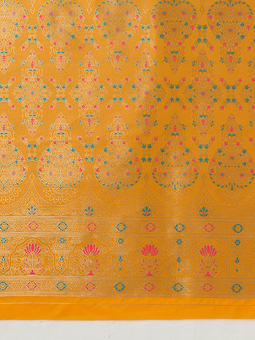 Monjolika Fashion Elegant Yellow Banarasi Silk Blend SareeBrocade Motifs & Zari Woven Splendor