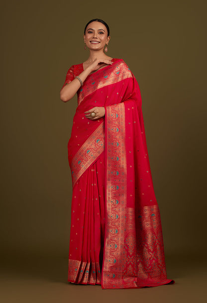 Monjolika Fashion Elegant Hot Pink Banarasi Silk Blend SareeBrocade Motifs & Zari Woven Splendor