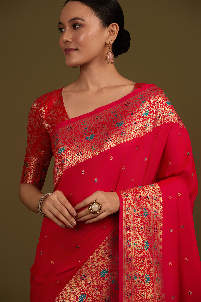 Monjolika Fashion Elegant Hot Pink Banarasi Silk Blend SareeBrocade Motifs & Zari Woven Splendor
