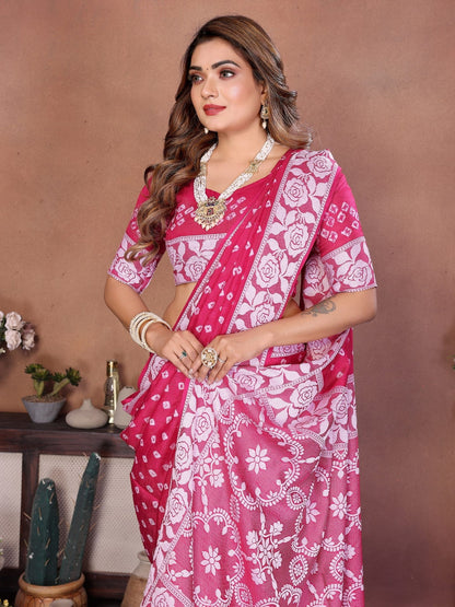 Anaita Pink Handmade Bandhej Viscose Silk Saree With Blouse