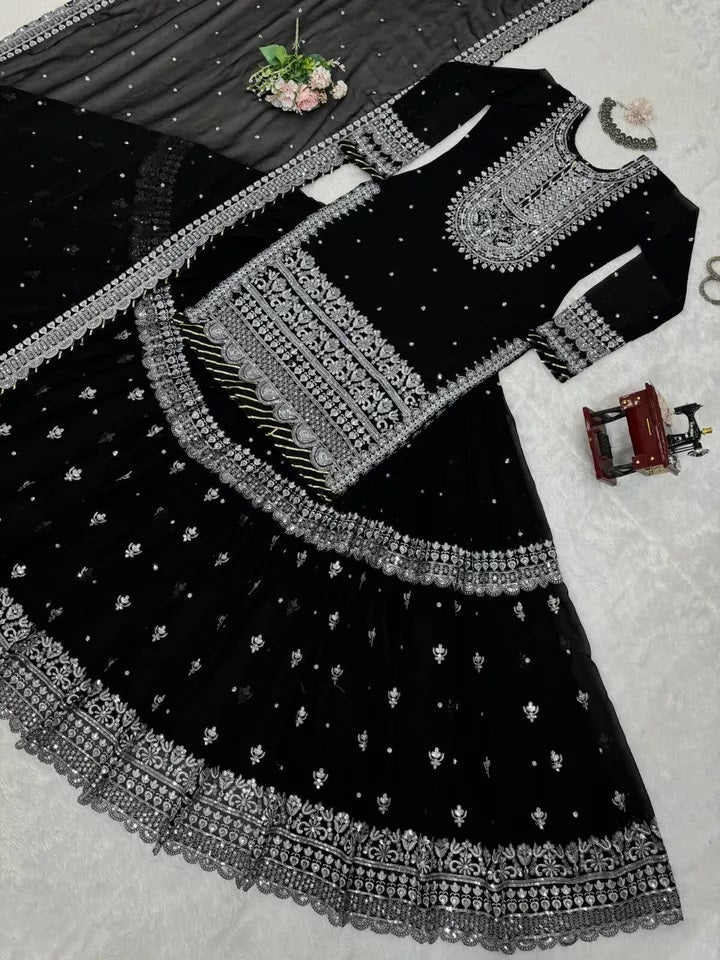 Faux Georgette Sequence Work With Front Side Work Top Sharara With Dupatta