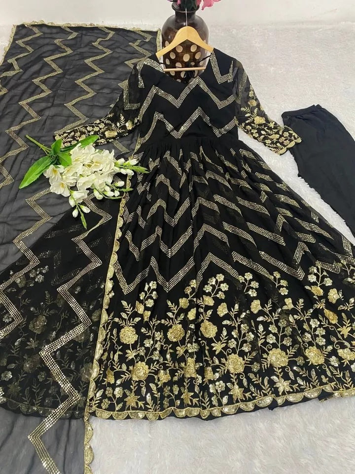 Fox Georgette With Embroidery Work With Full Sleeve Gown Bottom Dupatta Set