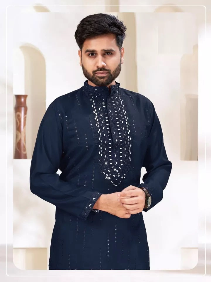 Classic Beautiful Exclusive Stitched 14 Kg Roman Silk Kurta Pajama For Men's