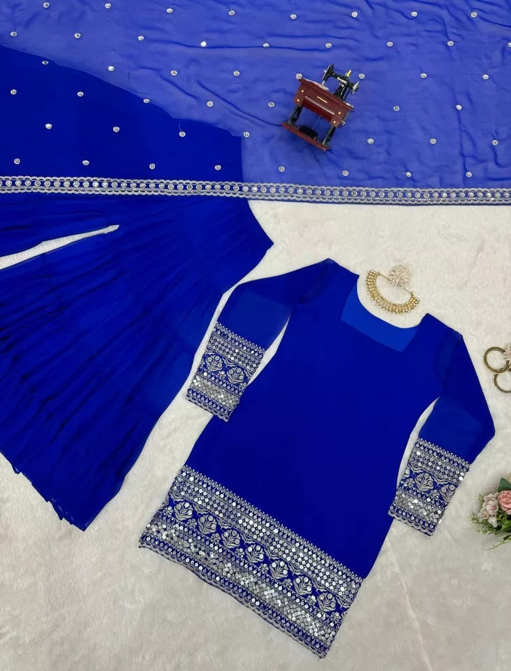 Traditional Classic Wear Faux Georgette Stitched Top Sharara With Dupatta