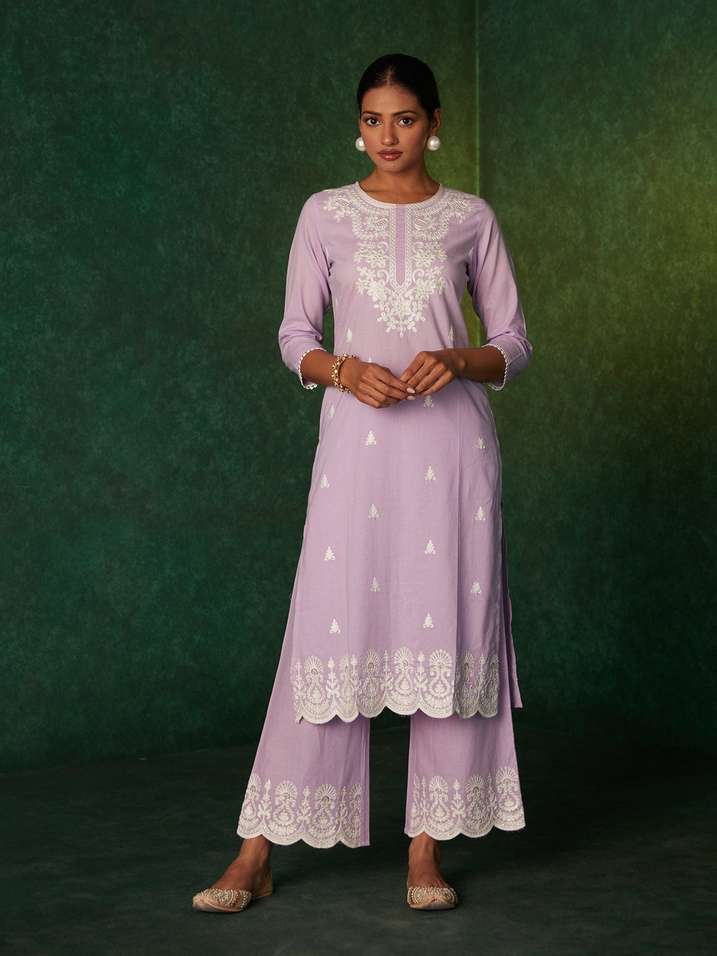 Likha Purple Scallop Embroidery Kurta Set & Dupatta LIKSKD174 (Set of 3) - M