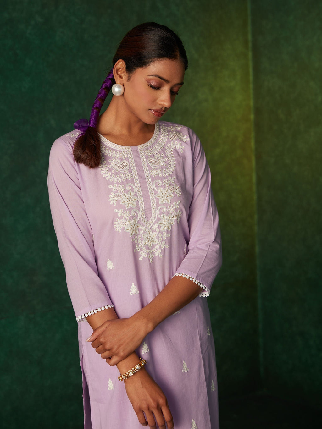 Likha Purple Scallop Embroidery Kurta Set & Dupatta LIKSKD174 (Set of 3) - M
