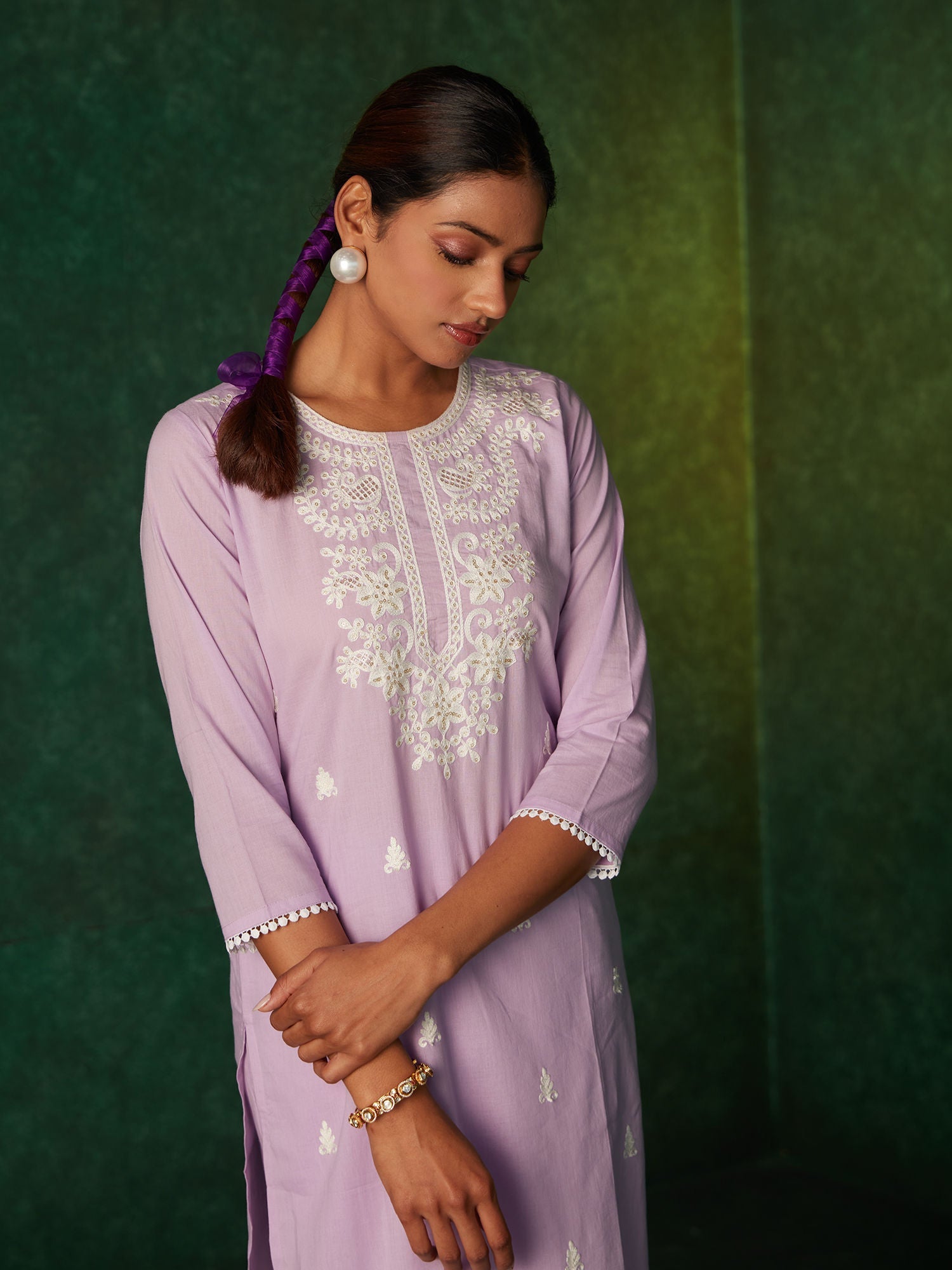 Likha Purple Scallop Embroidery Kurta Set & Dupatta LIKSKD174 (Set of 3) - M