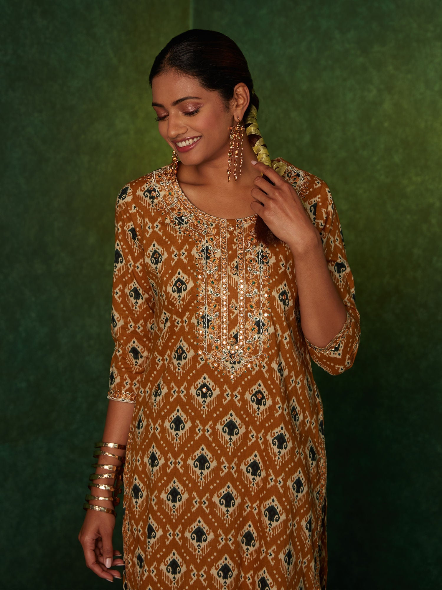 Likha Yellow Ikat Printed Straight Co-ord Set LIKSKD184 (Set of 2) - S