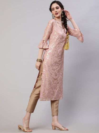 Aks Floral Printed Bell Sleeves Regular Kurta With Trousers