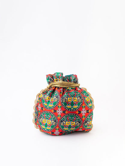 NR By Nidhi Rathi Red & Green Printed Potli Clutch
