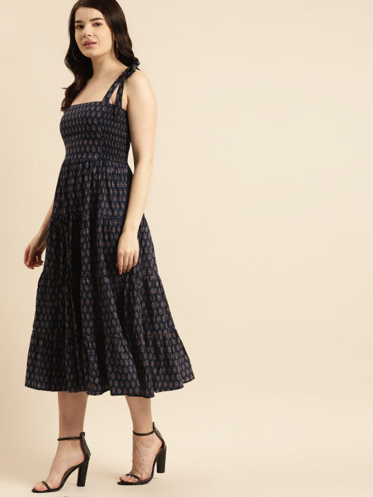 Anayna Navy Blue Checked Ethnic Motifs Print Shoulder Straps Cotton Tiered Midi Dress