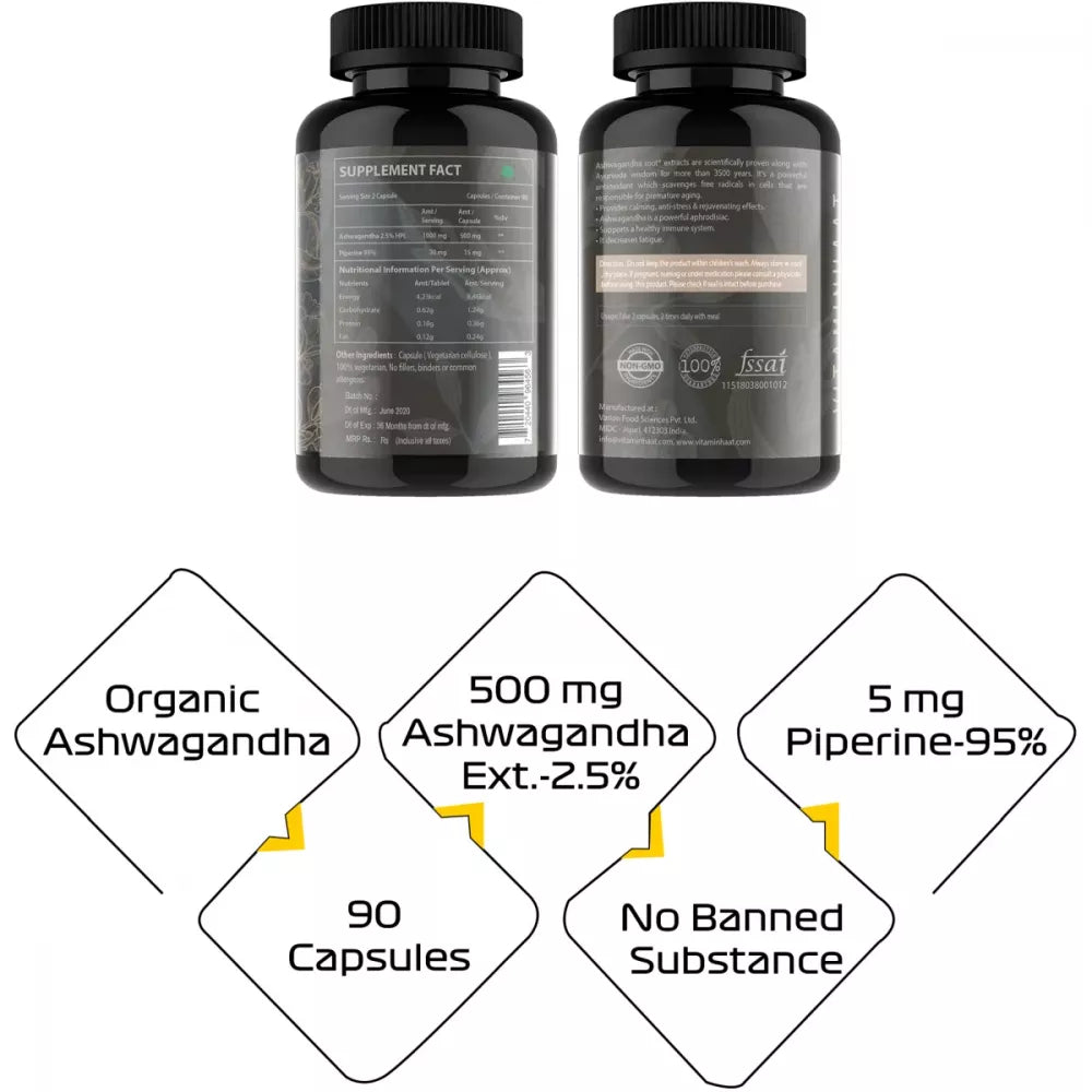 Vitaminhaat Ashwagandha With Piperine 500Mg Per Capsules - 90 caps